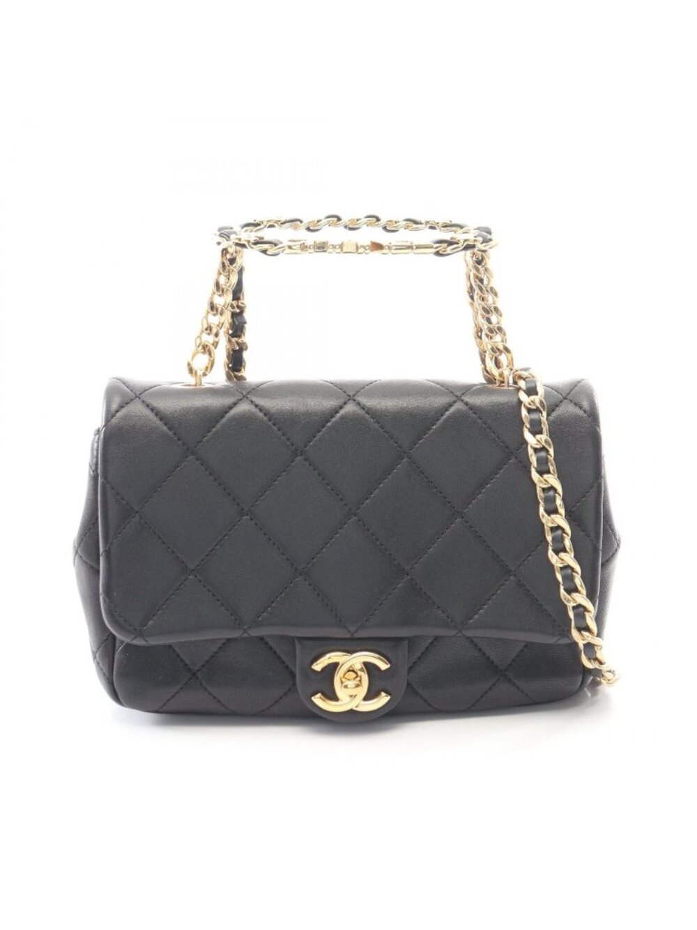 Chanel Shoulder Bag Quilted 2-Way Black Leather Chain